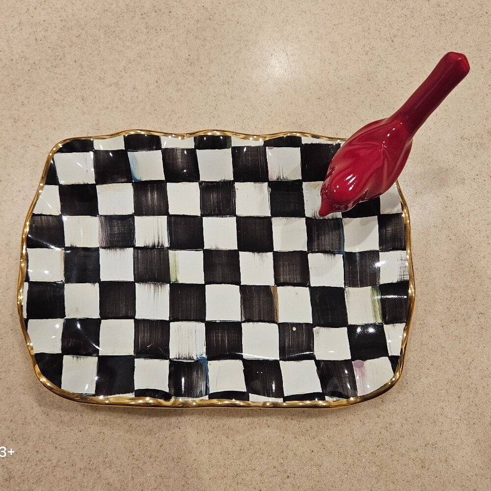 MACKENZIE CHILDS CARDINAL COURTLY CHECK AURORA CERAMIC TRAY RING HOLDER DISH - Picture 2 of 13